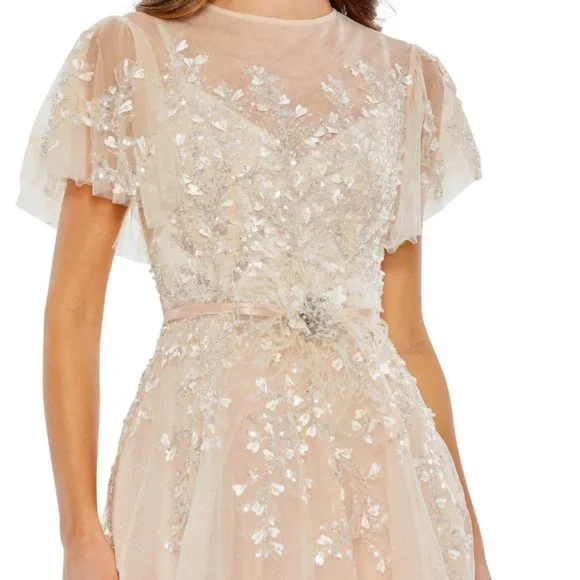 MAC DUGGAL 20362 EMBELLISHED FLUTTER SLEEVE BOW WAIST A-LINE NUDE GOWN sz 8 - Picture 3 of 6